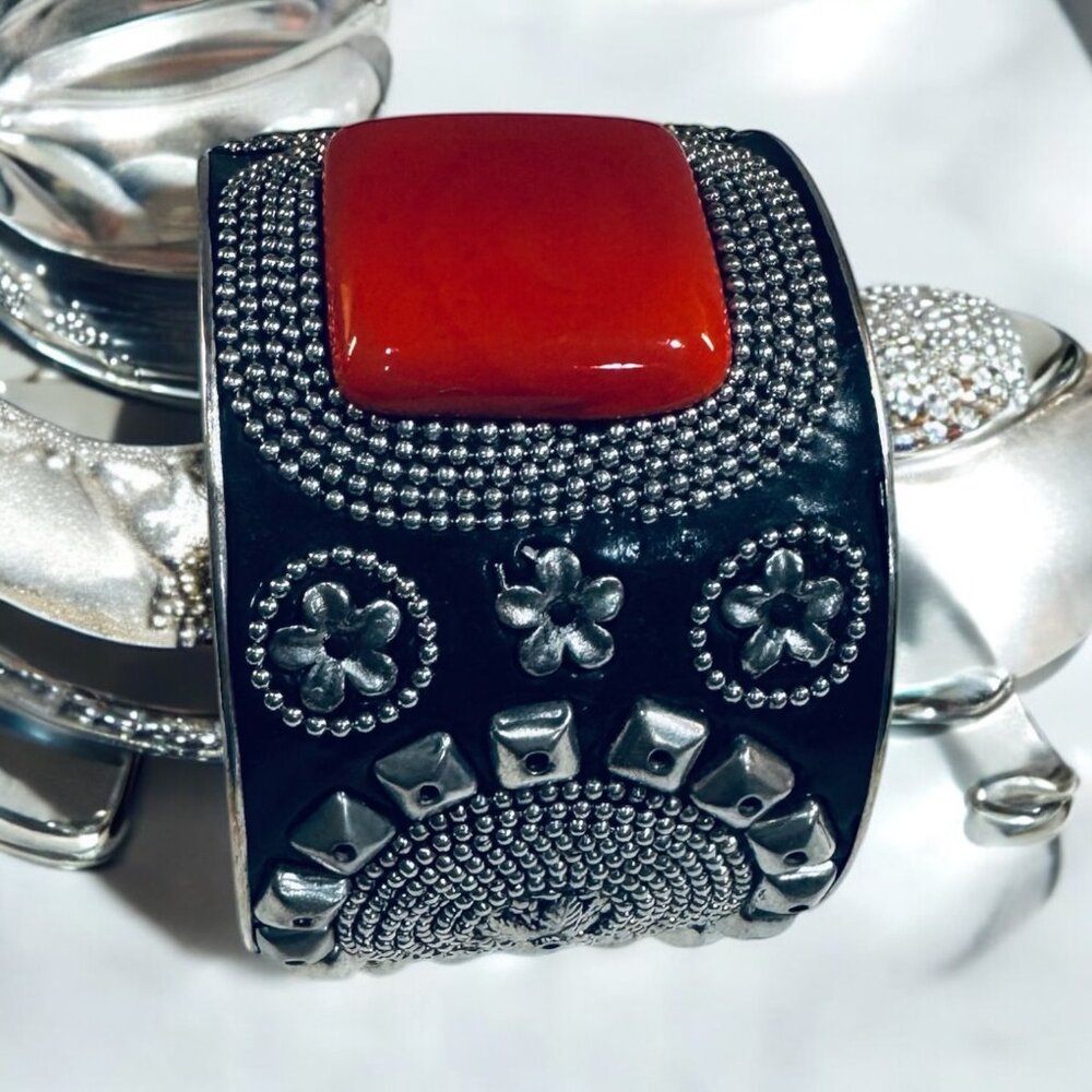Bougainvillea Hammered Silver Cuff Bracelet with Red Ceramic Accents